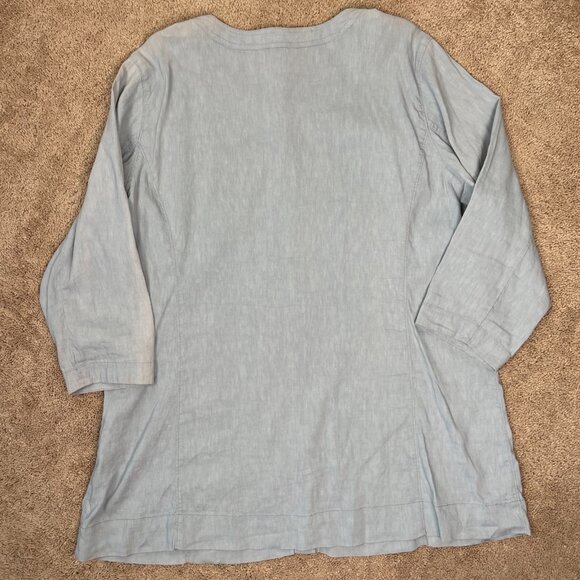 Eileen Fisher Woman Shirt 2X Blue Tunic Linen Blend Button Front Top Classic - Picture 7 of 8